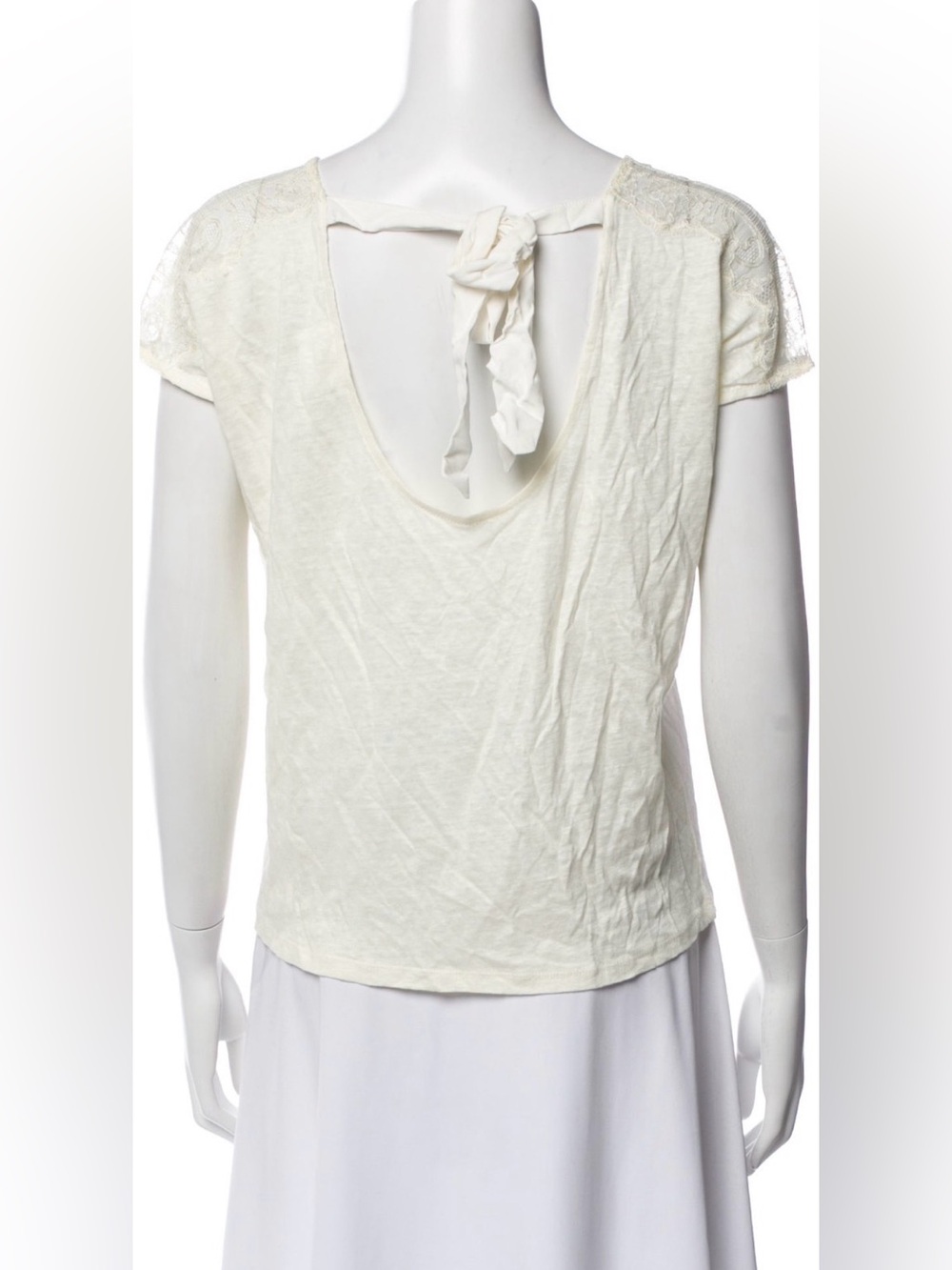 Sezane Cream Scoop-Back Tie Short Sleeve Top